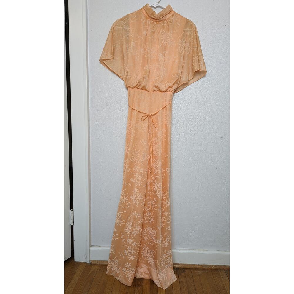 Vintage 70s Peach Floral Maxi Dress Flutter Sleeve Drapey Top Sz Small